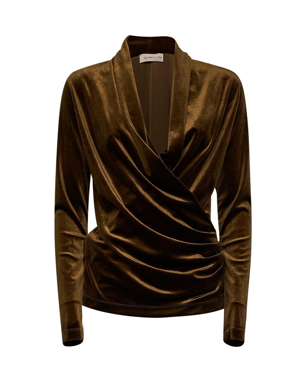 Blanca Vita Black Stretch Velvet Bajer Draped Wrap Blouse