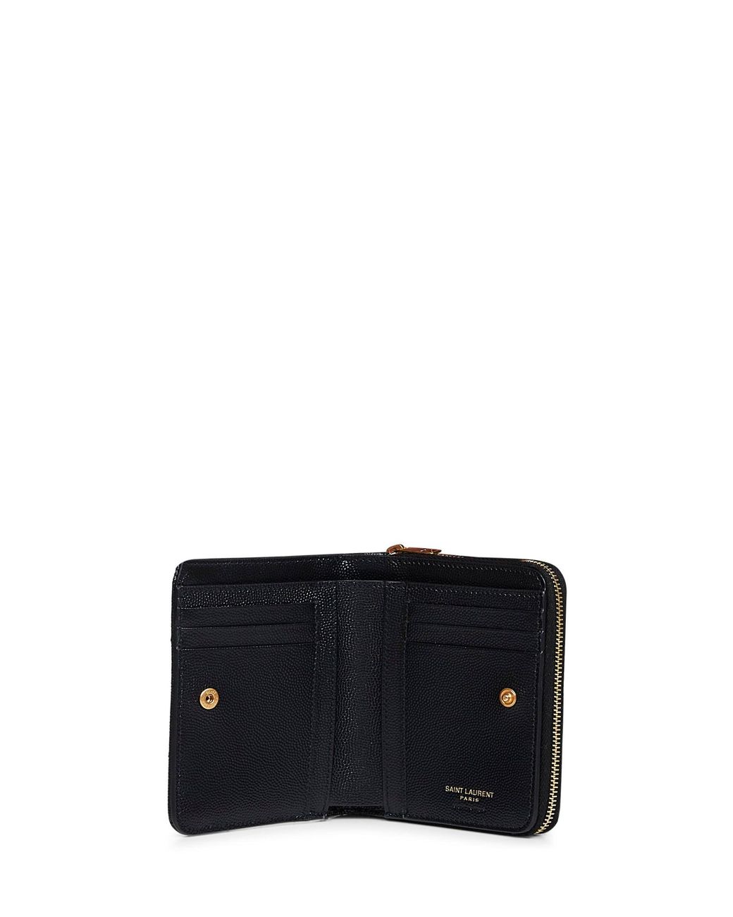 Saint Laurent Black Leather Cassandre Compact Zip Around Wallet