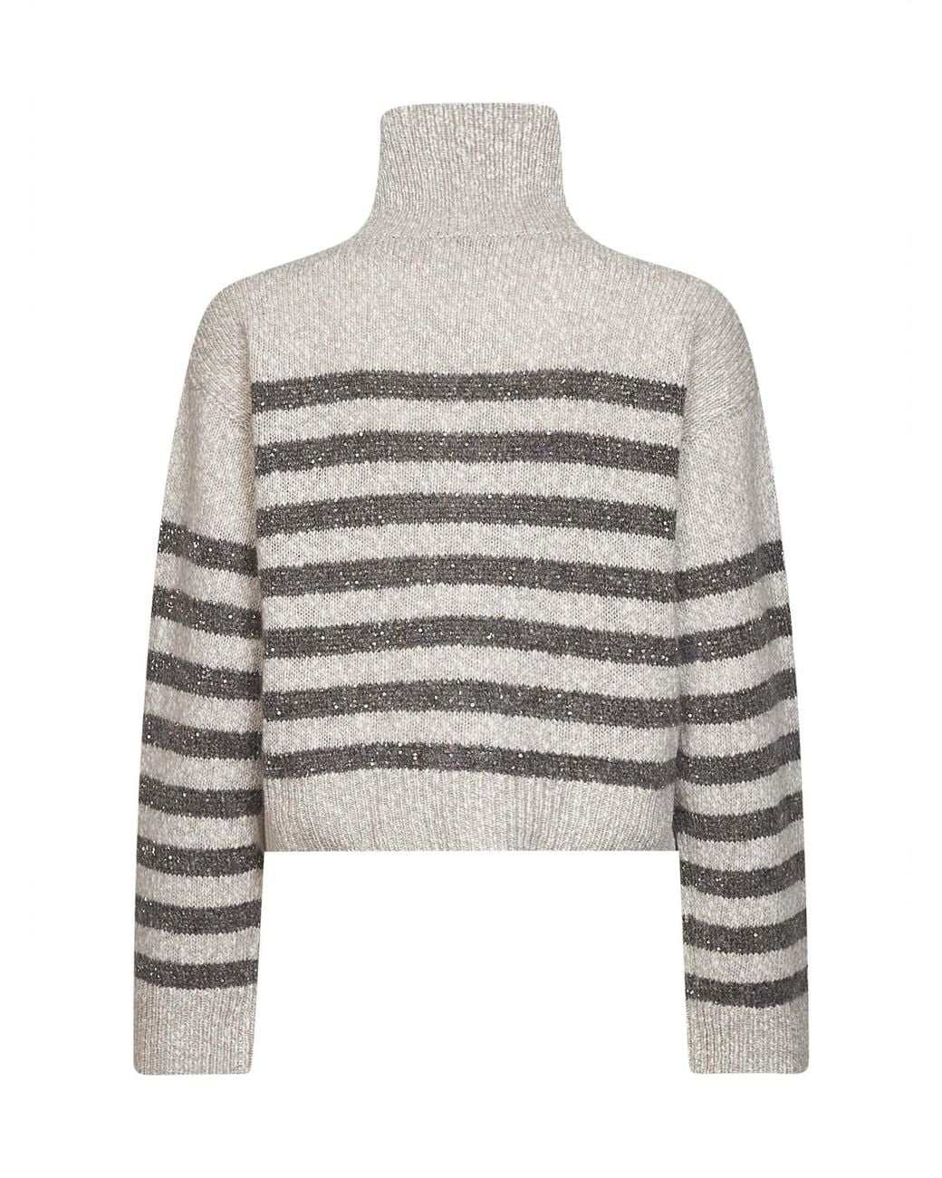 Brunello Cucinelli Gray Mother-Of-Pearl And Soft Wool And Cashmere Sweater With Dazzling Stripes