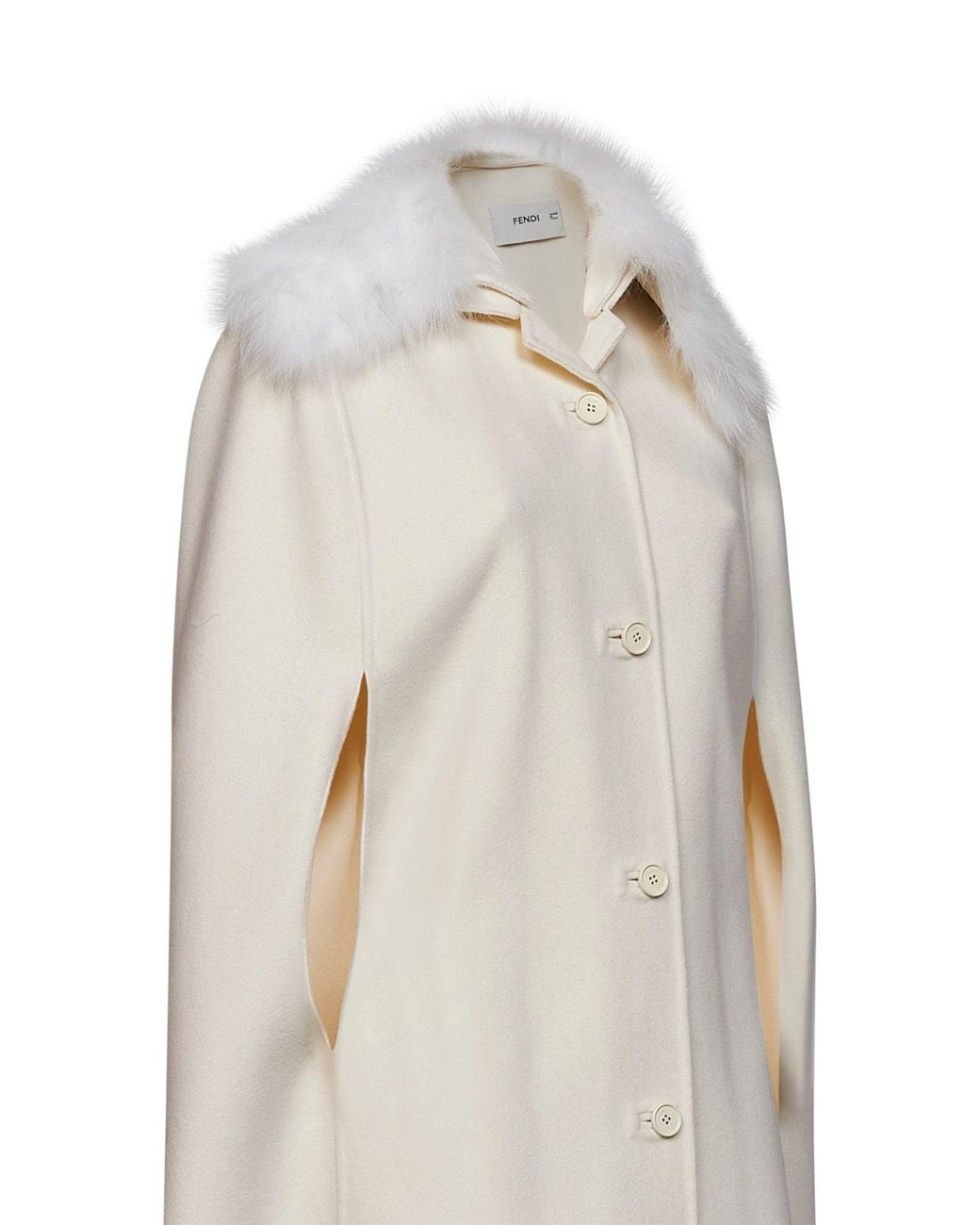 Fendi White Ivory Double-Sided Wool-Blend Cape With Fox Fur Collar