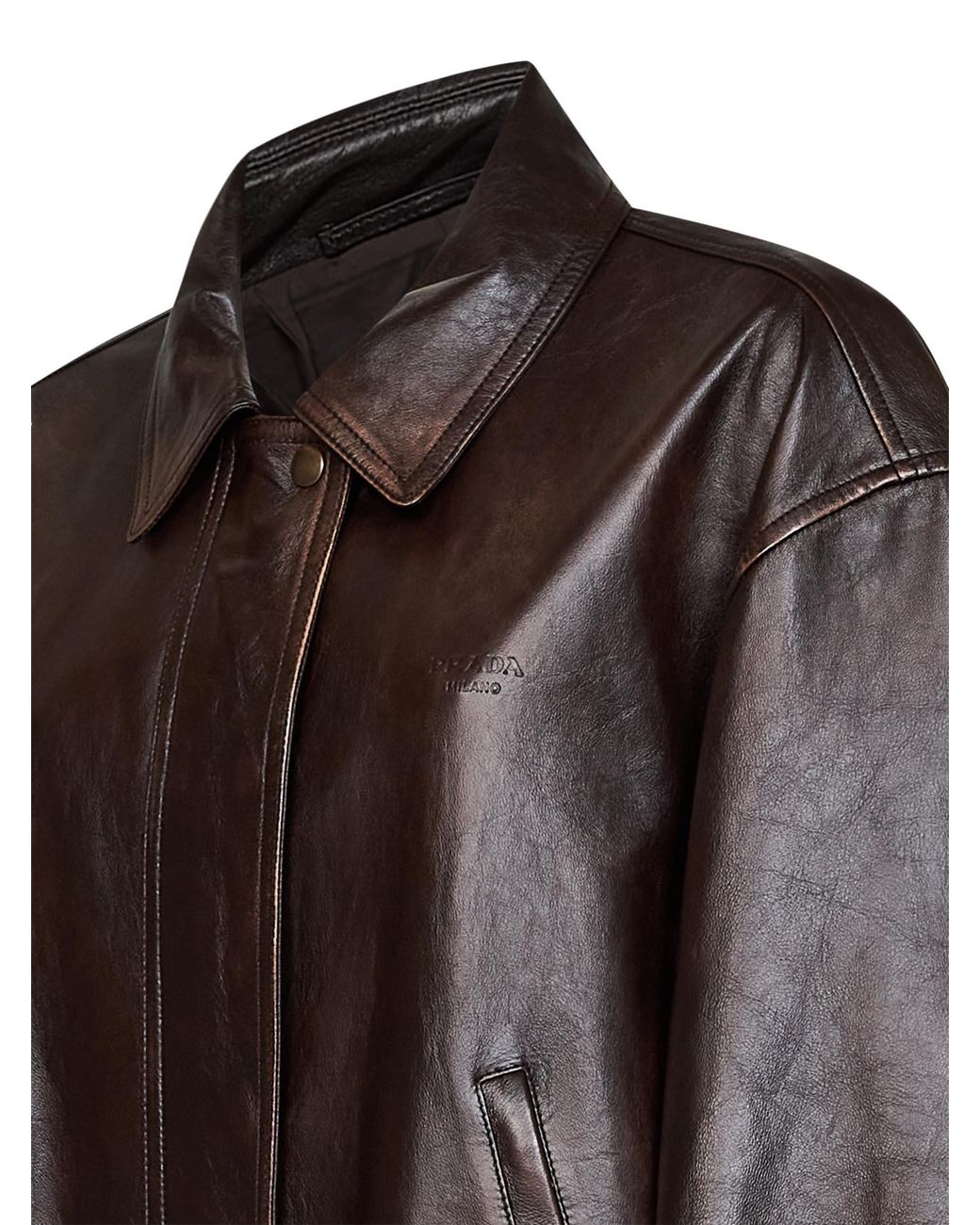 Prada Abbigliamento Brown Dark Vintage-Effect Nappa Leather Blouson