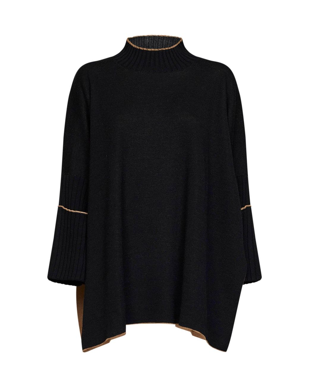 Herno Black Virgin Wool Knit Poncho-Style Sweater