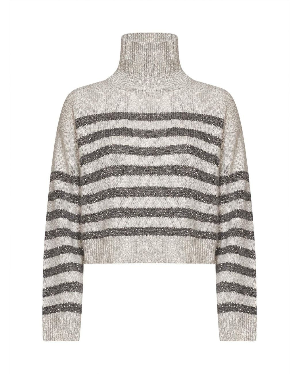 Brunello Cucinelli Gray Mother-Of-Pearl And Soft Wool And Cashmere Sweater With Dazzling Stripes