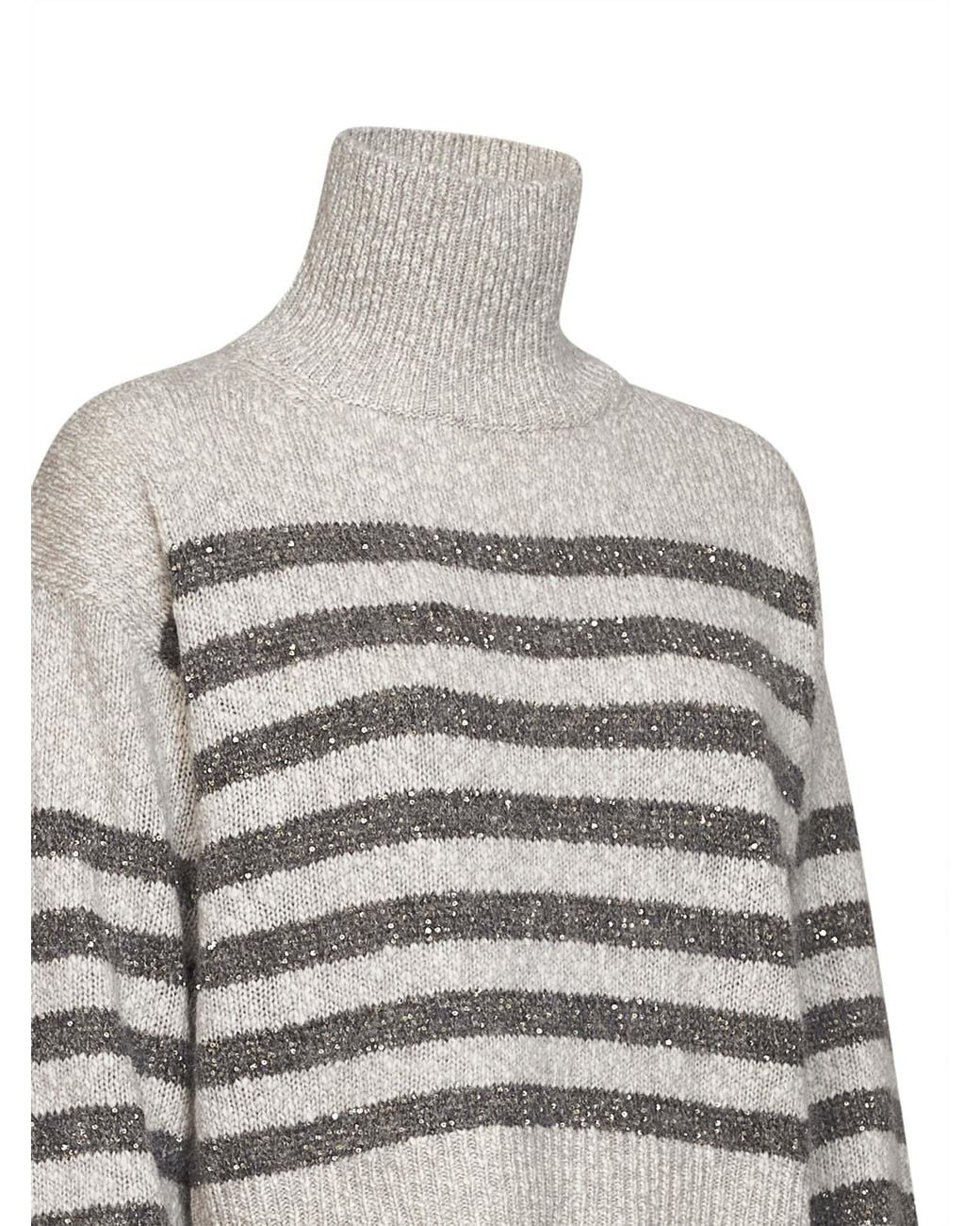 Brunello Cucinelli Gray Mother-Of-Pearl And Soft Wool And Cashmere Sweater With Dazzling Stripes
