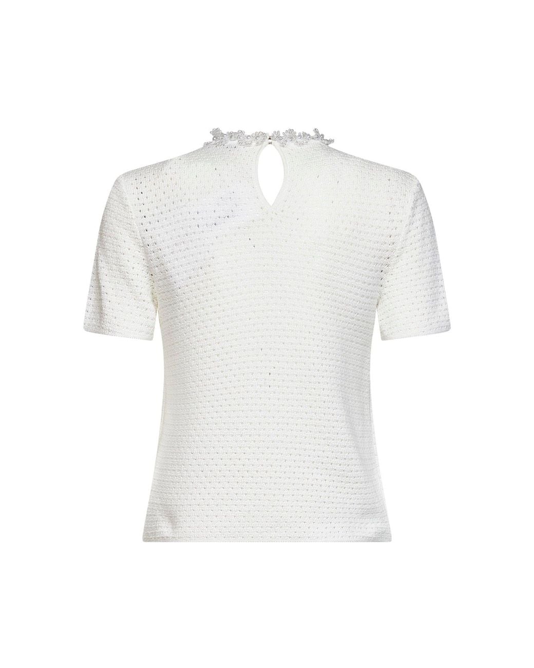 Self-Portrait White Cream Openwork Knit Top With Bead Embroidery