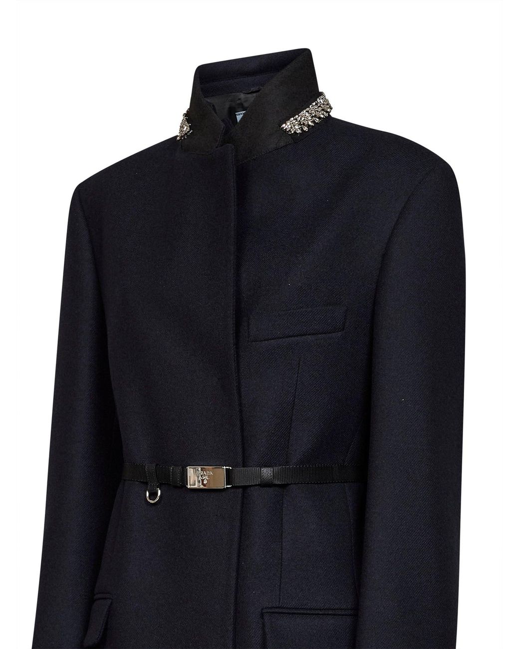 Prada Abbigliamento Blue Virgin Wool Embroidered Belted Coat