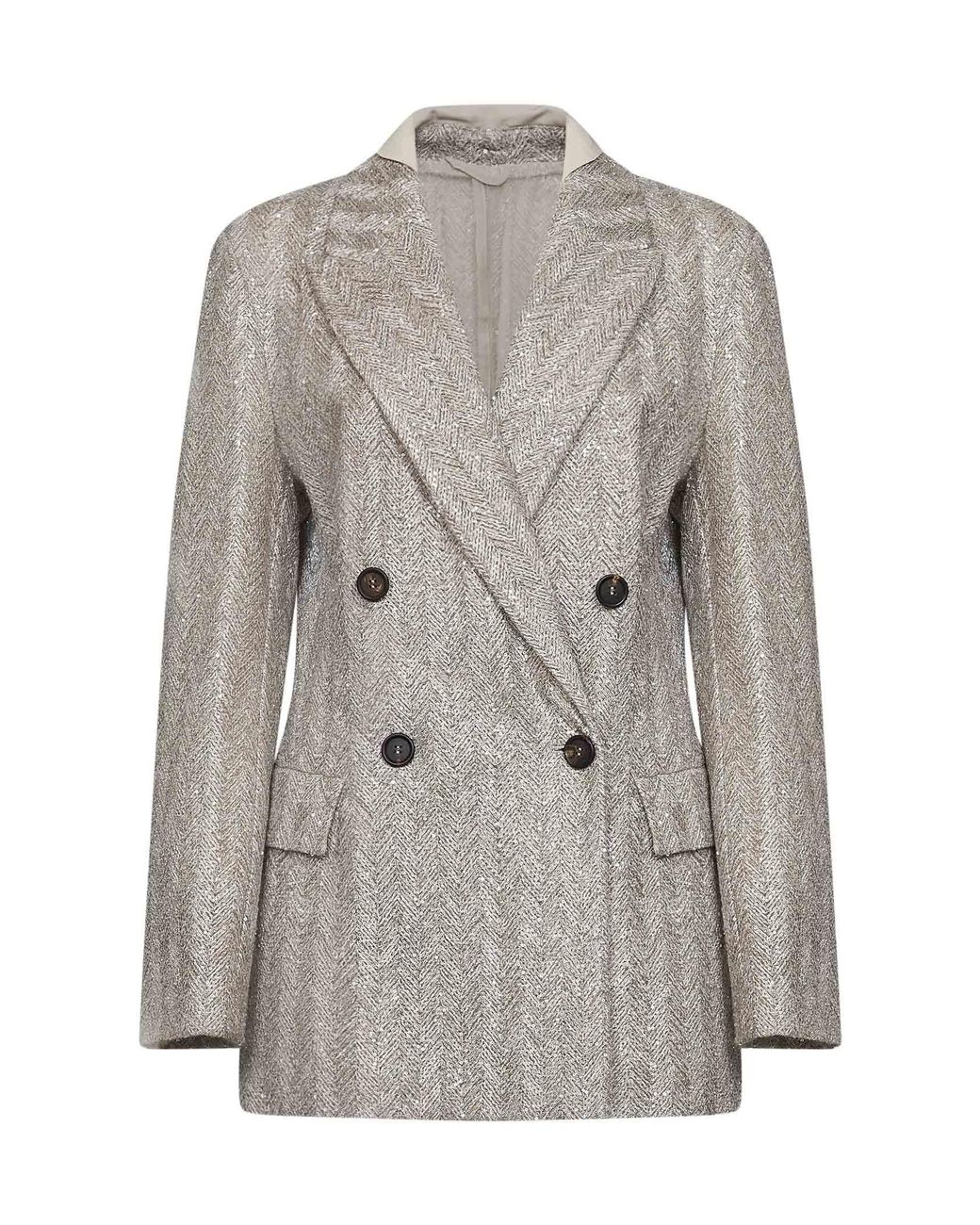Brunello Cucinelli Gray Rope Dazzling Chevron Embroidery Double-Breasted Jacket