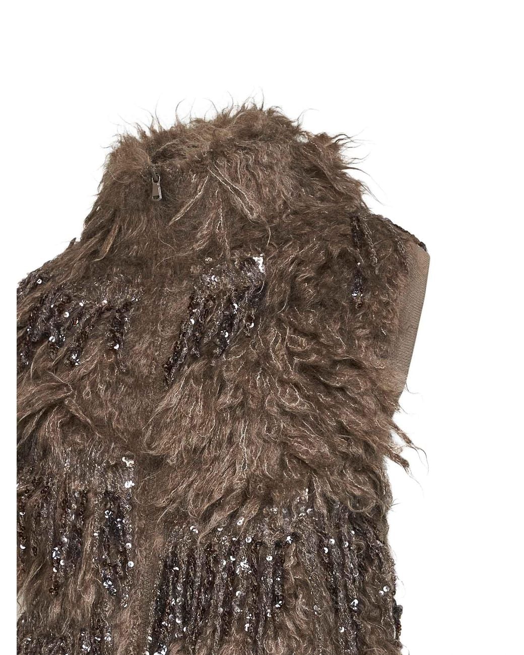 Brunello Cucinelli Brown Dark Sequin-Embellished Long-Hair Knit Vest