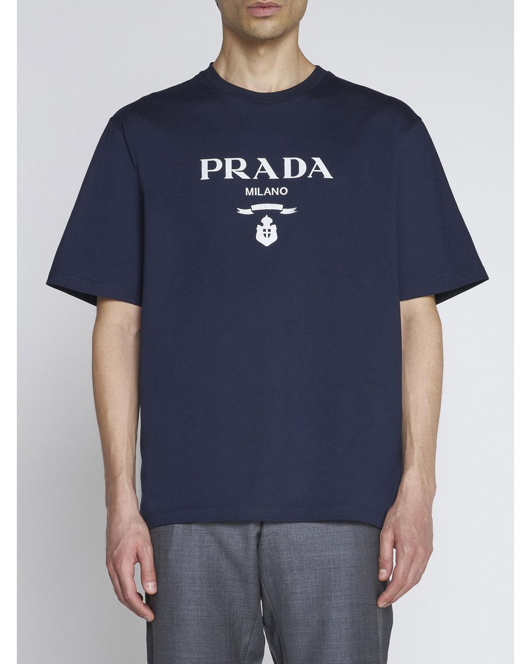 Prada Logo Cotton T-shirt in Blue for Men | Lyst