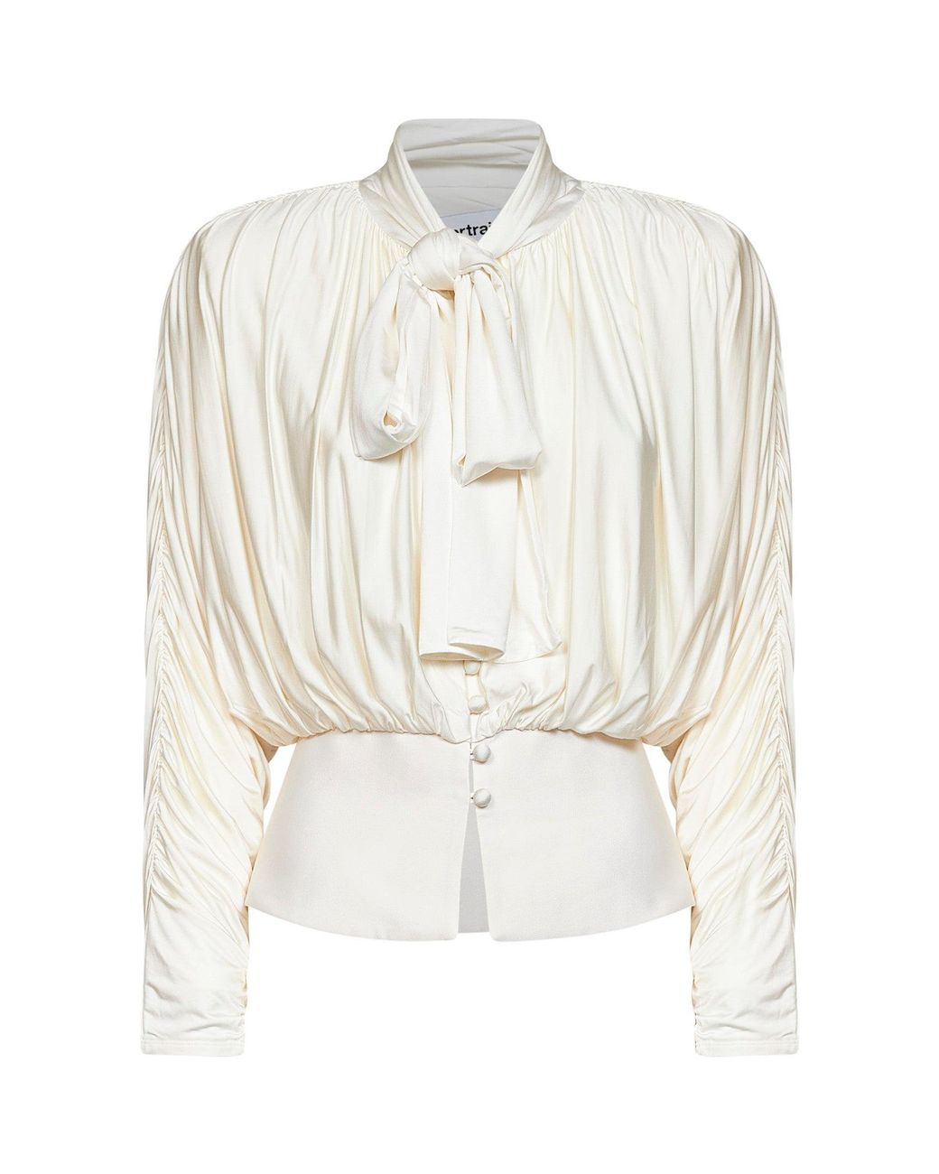 Self-Portrait White Self Portrait Cream Jersey Gathered Tie Neck Top