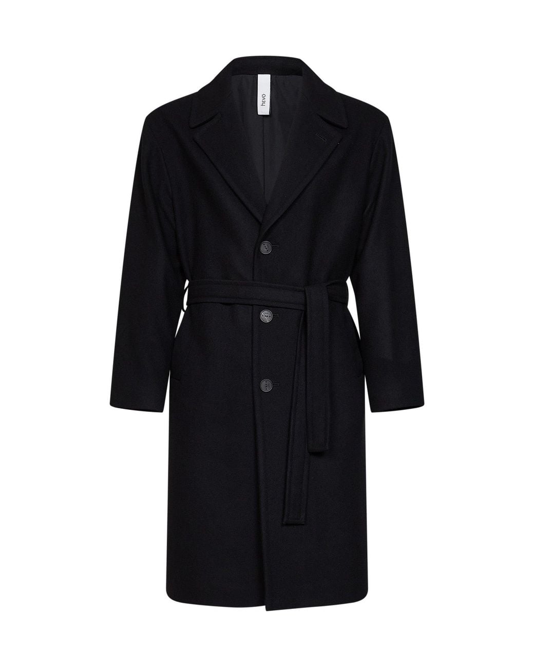 Hevò Black Wool-Blend Ostuni Single-Breasted Belted Coat for men