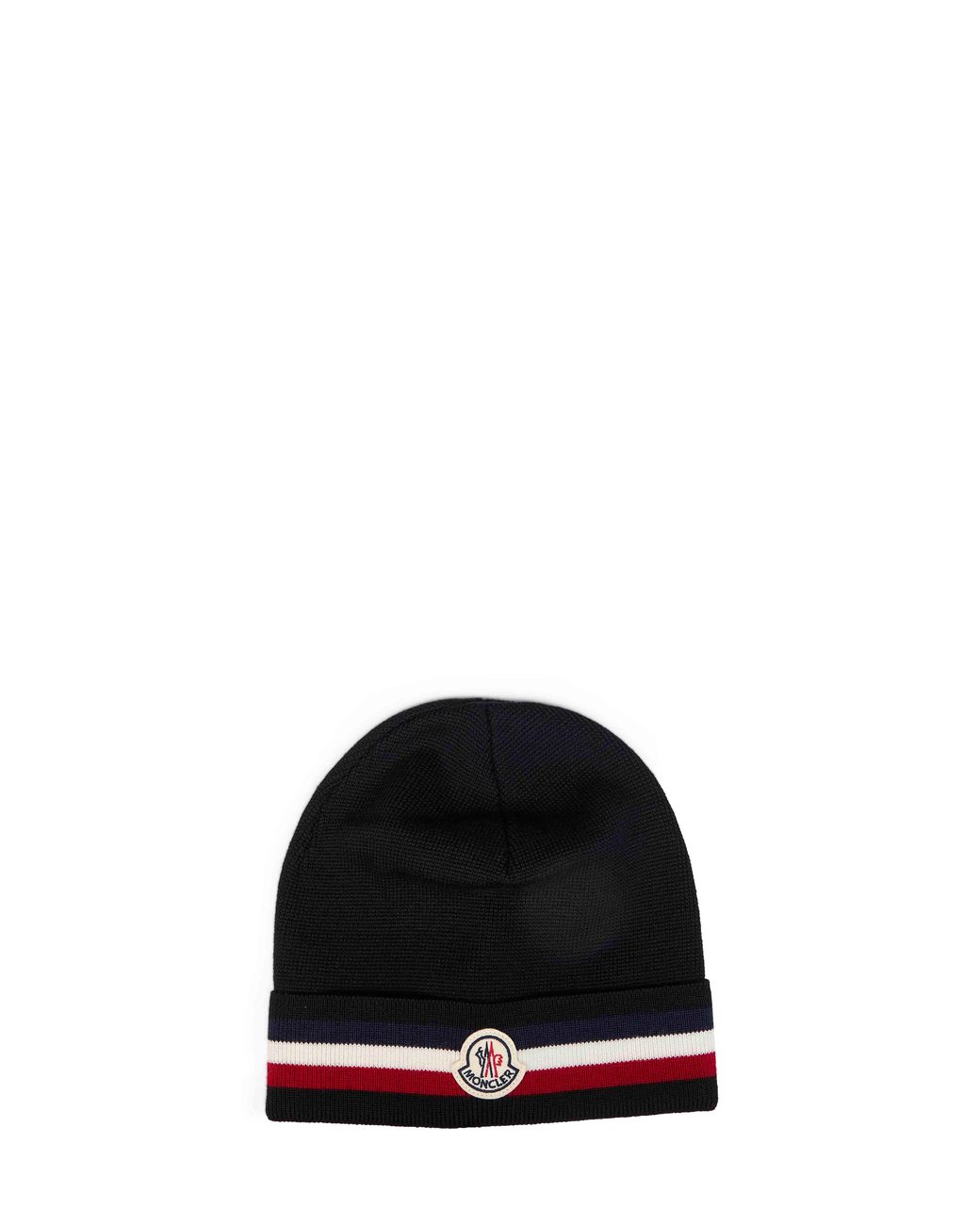 Moncler Black Wool Knit Beanie With Tricolor Detail for men
