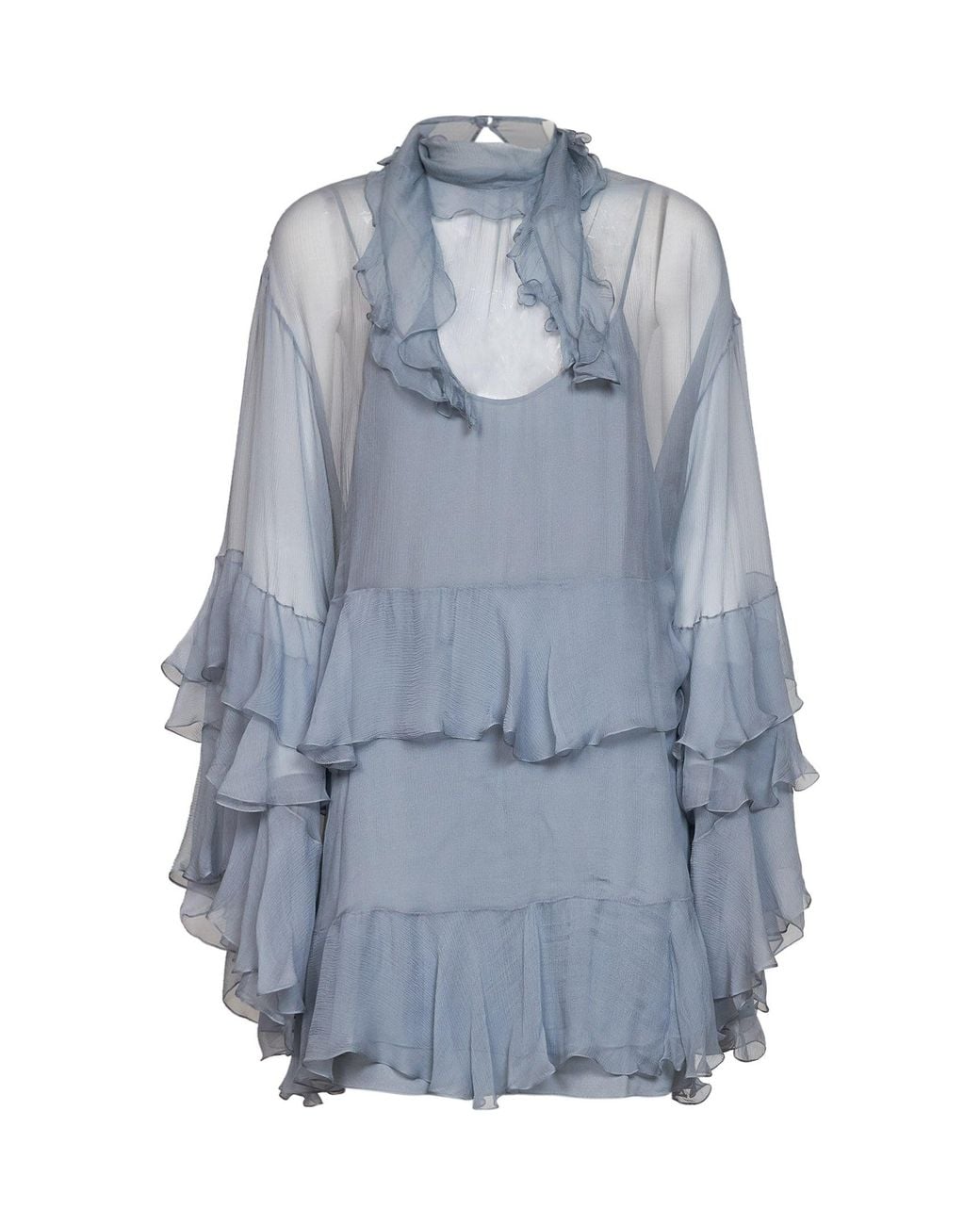 Chloé Blue Light Silk Muslin Ruffled Mini Dress