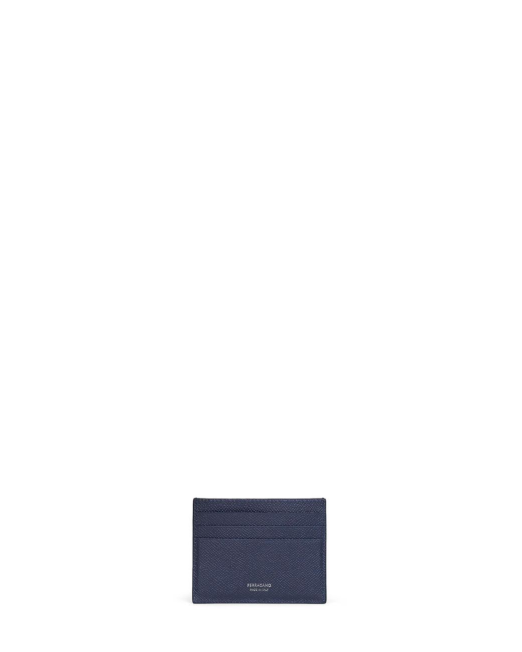Ferragamo Blue Dark Hammered Leather Gancini Credit Card Holder for men