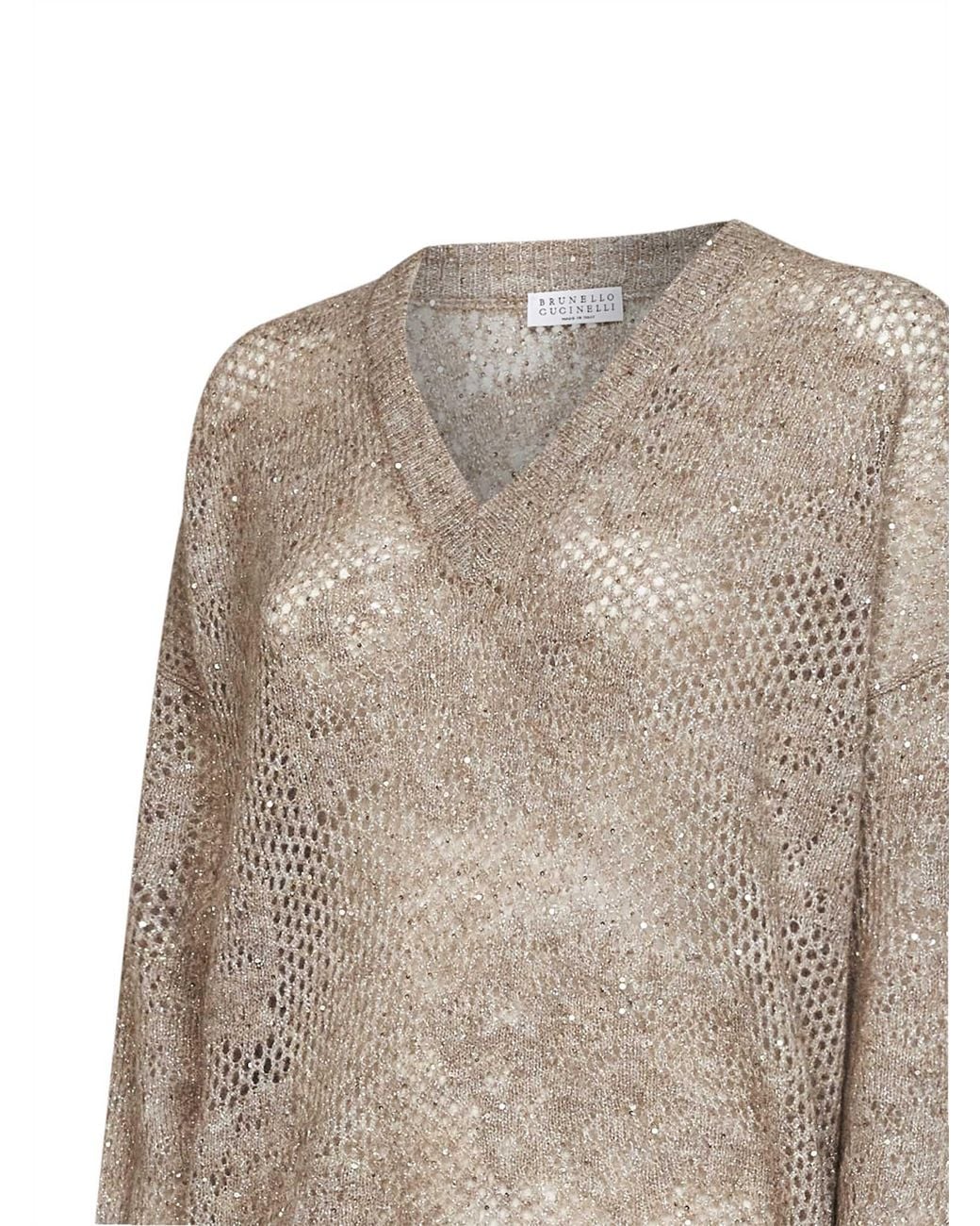 Brunello Cucinelli Natural Sparkling Mohair Blend Flower Lace Sweater