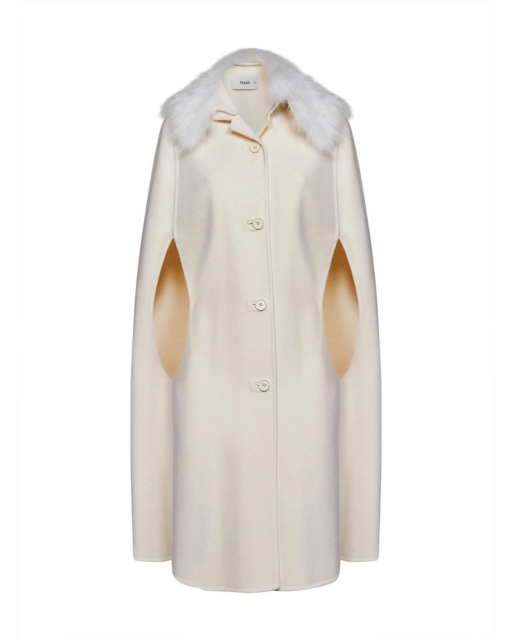 Fendi White Ivory Double-Sided Wool-Blend Cape With Fox Fur Collar