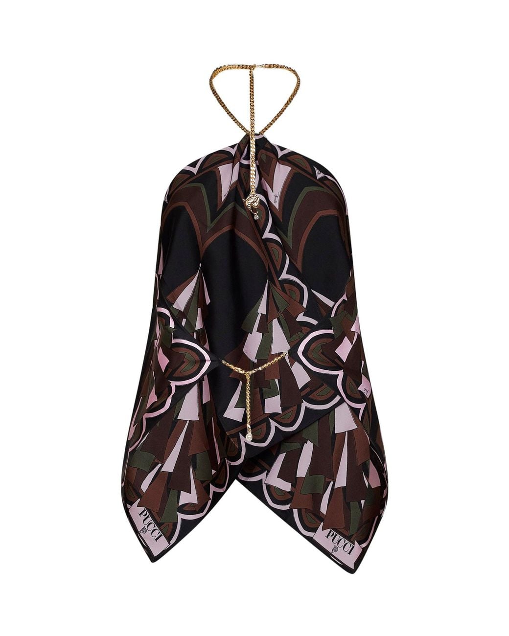 Emilio Pucci White Khaki And Baiadera-Print Silk Twill Chain Top