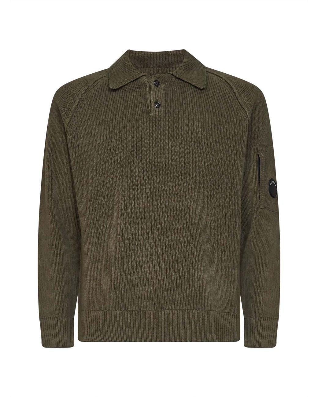 C P Company Green Ivy Cotton Chenille Lens Long-Sleeved Polo Shirt for men