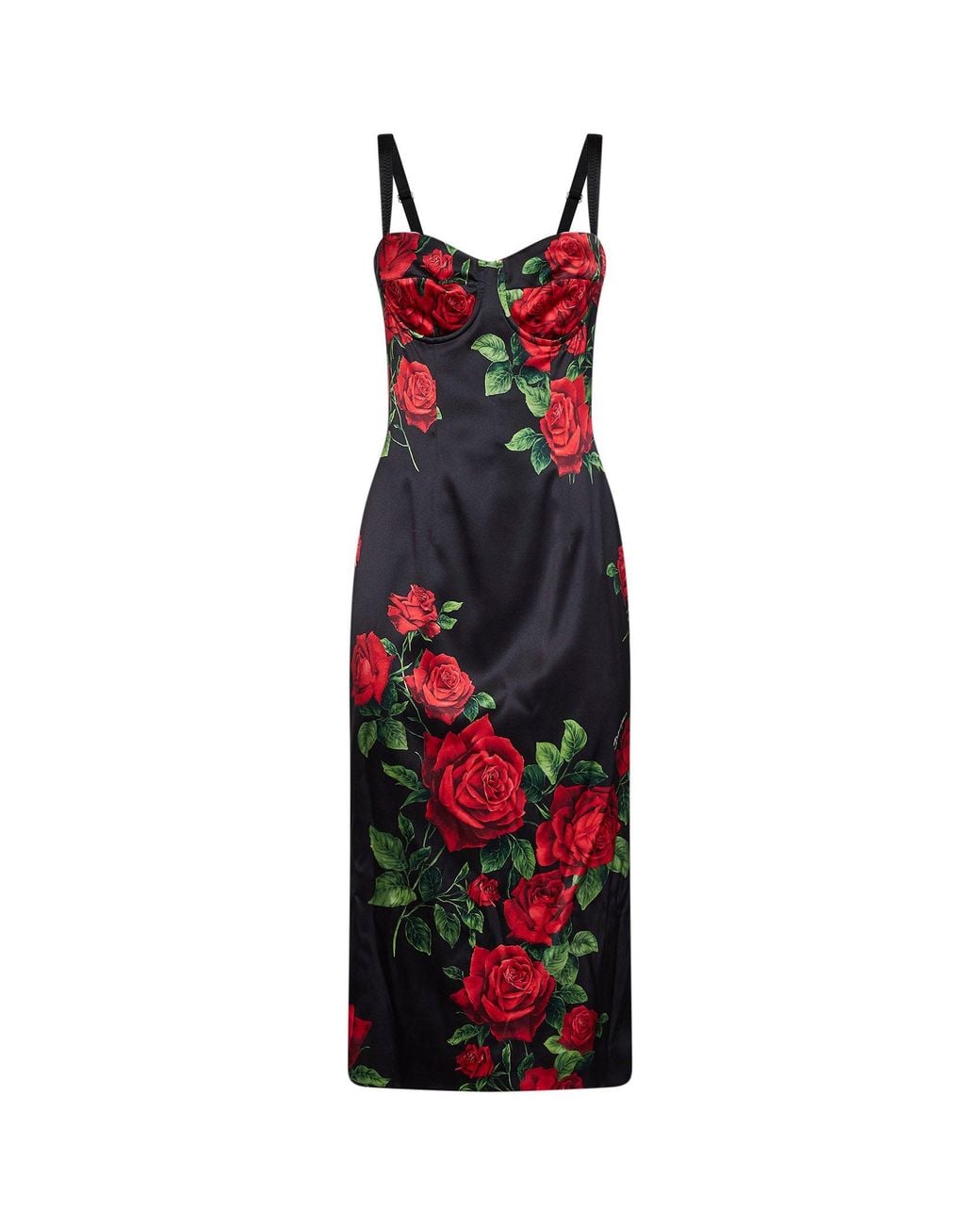 Dolce & Gabbana Red Rose-Print Stretch Satin Midi Bustier Dress