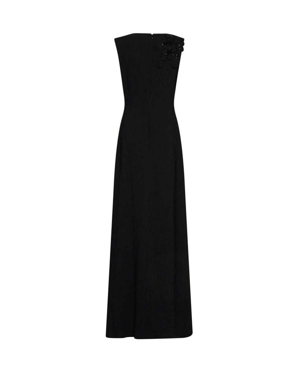 Costarellos Black Crêpe Jevi Column Gown With Floral Appliqués