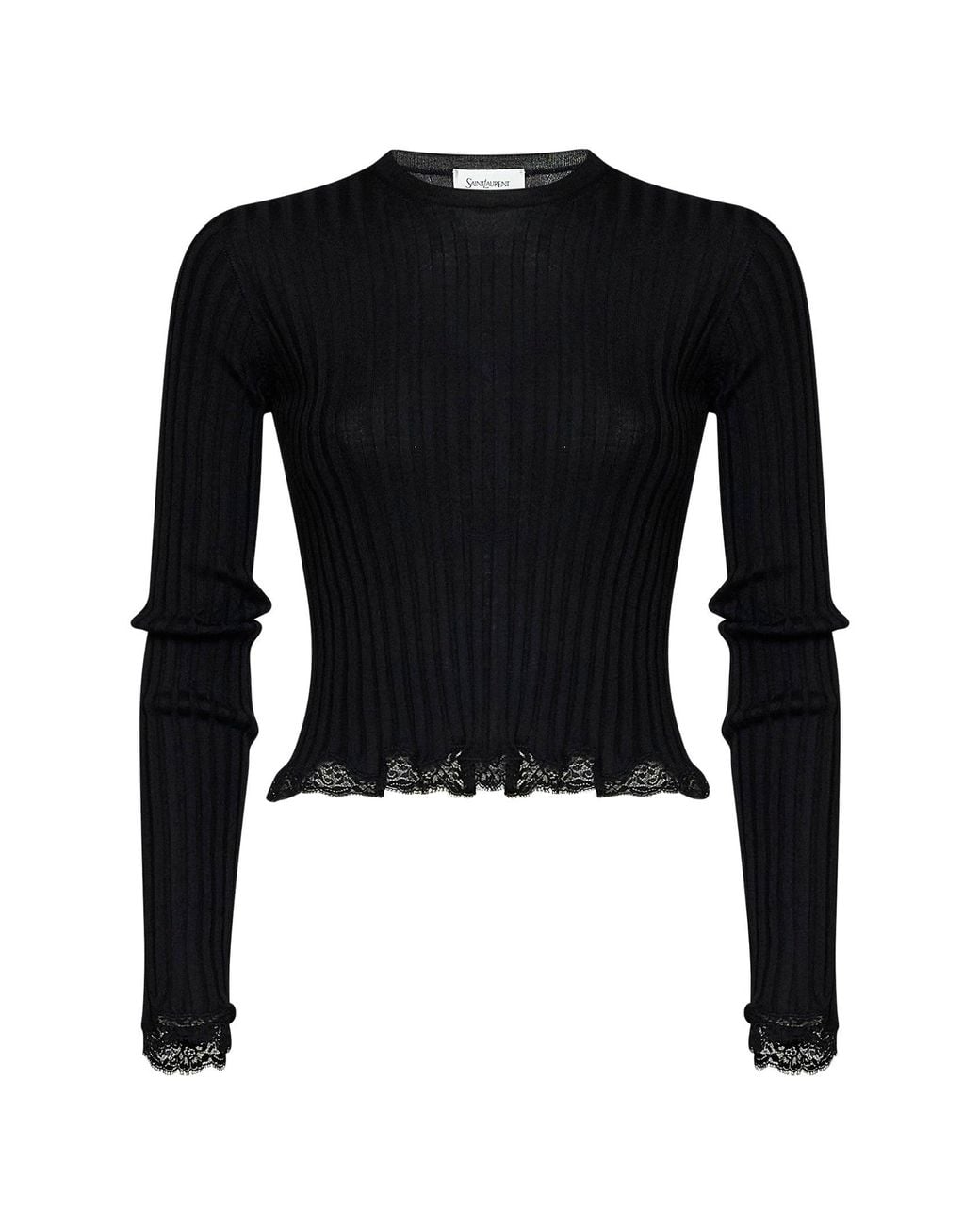 Saint Laurent Black Ribbed Knit Cassandre Top With Lace Trims