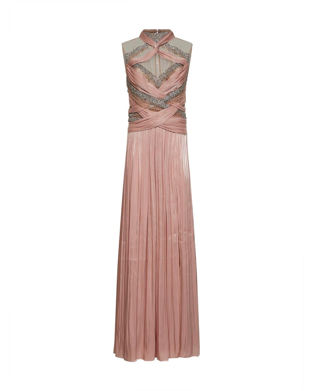 Costarellos Pink Nude Crystal-Embellished Lurex Georgette Avalia Gown