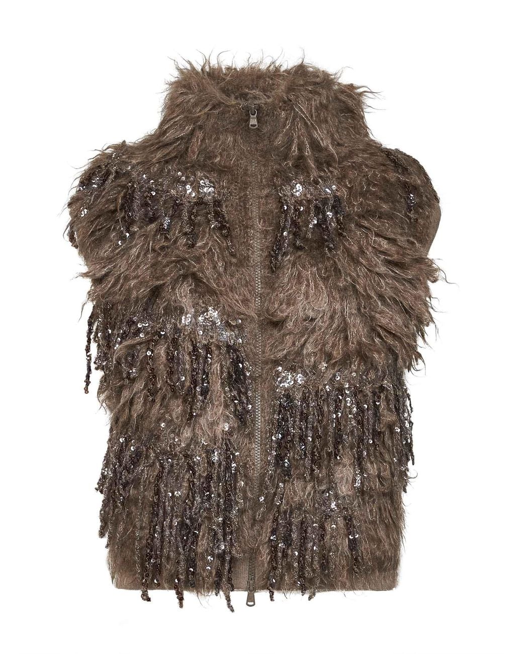 Brunello Cucinelli Brown Dark Sequin-Embellished Long-Hair Knit Vest