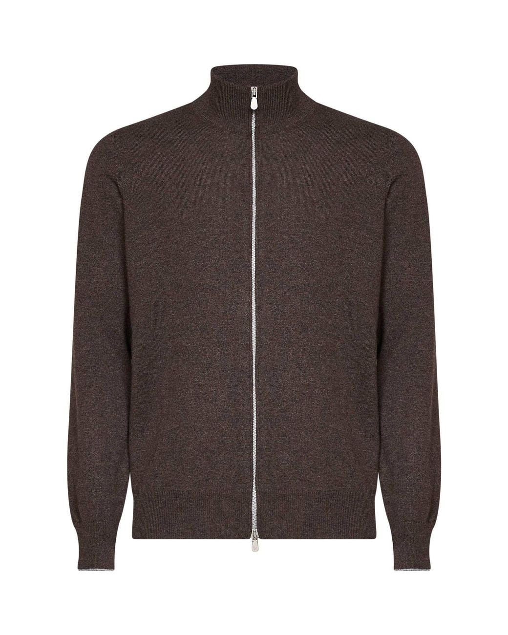 Brunello Cucinelli Brown Dark Cashmere Zip-Up High-Neck Cardigan for men