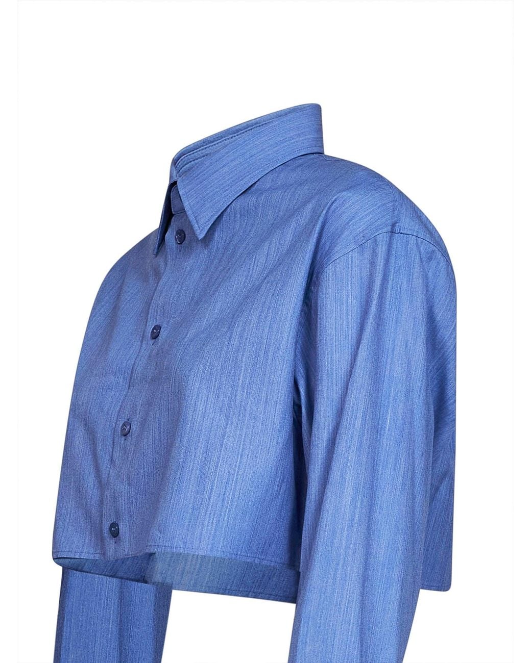 Balenciaga Blue Fluid Heather Wool-Silk Blend Cropped Shirt