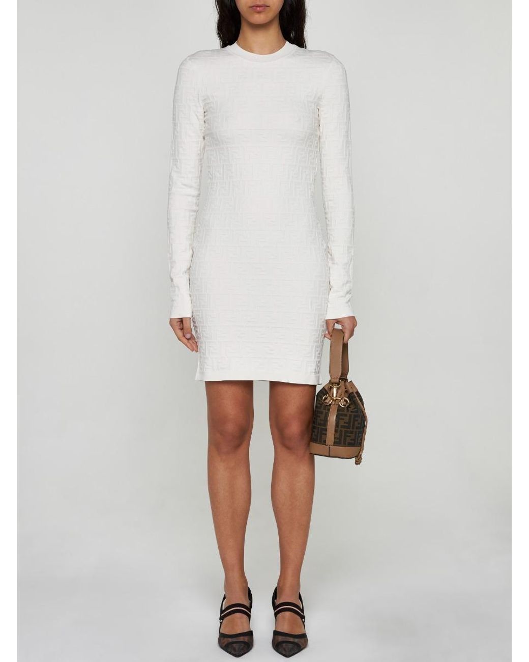 オールインワン・サロペット Fendi Ff Knit Mini Dress With Micro Motif FF Logo Print Mini Dress White and Black | The Webster