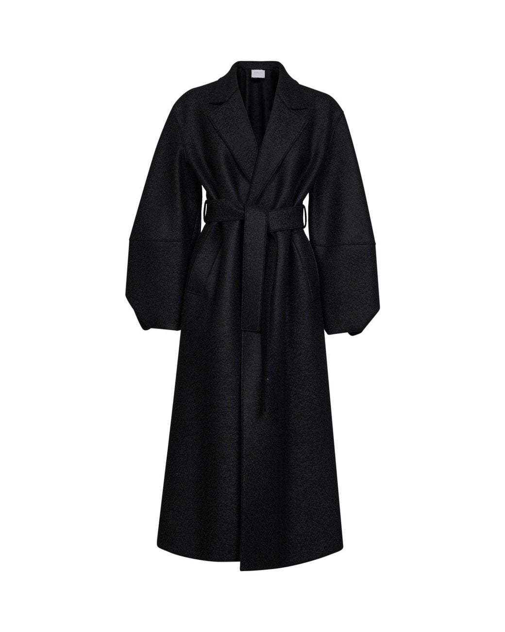 Harris Wharf London Black Felted Wool Long Puff-Sleeves Belted Wrap Coat