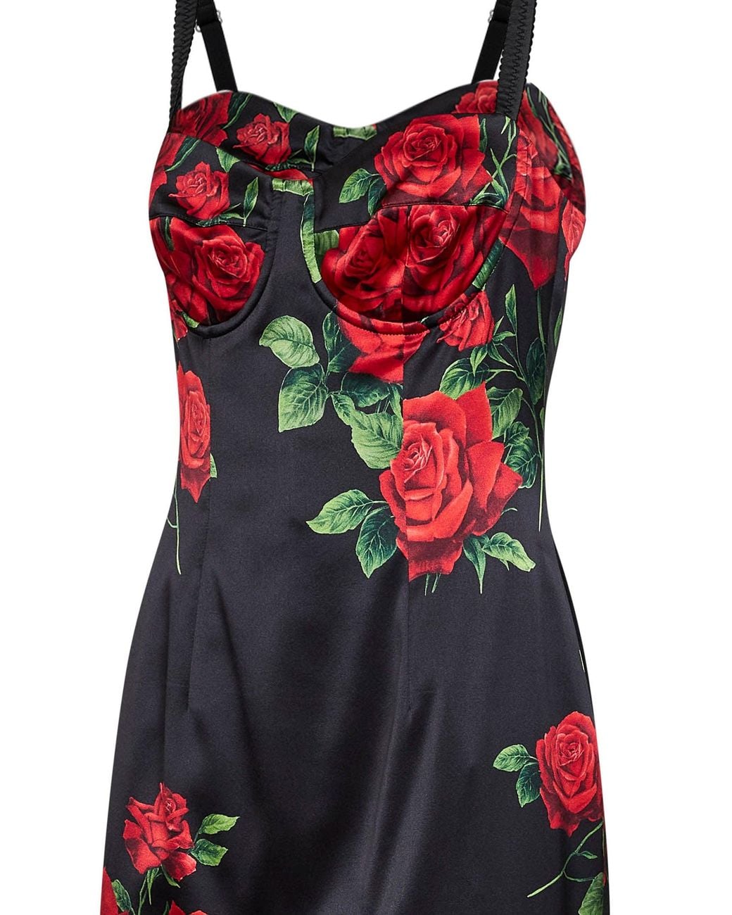 Dolce & Gabbana Red Rose-Print Stretch Satin Midi Bustier Dress