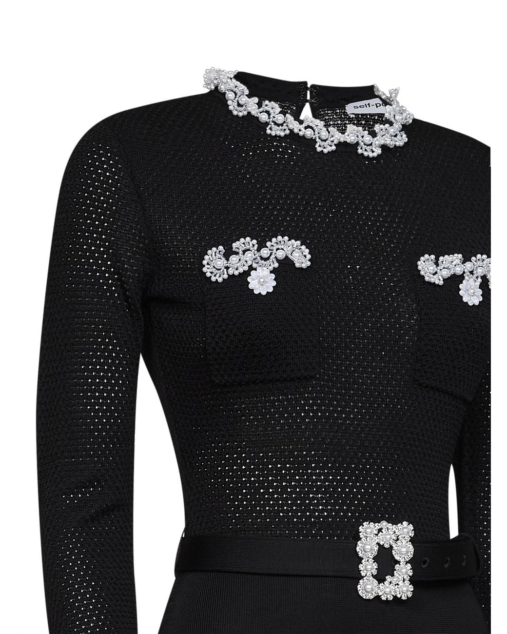 Self-Portrait Black Knit Midi Dress With Beaded Embroidery