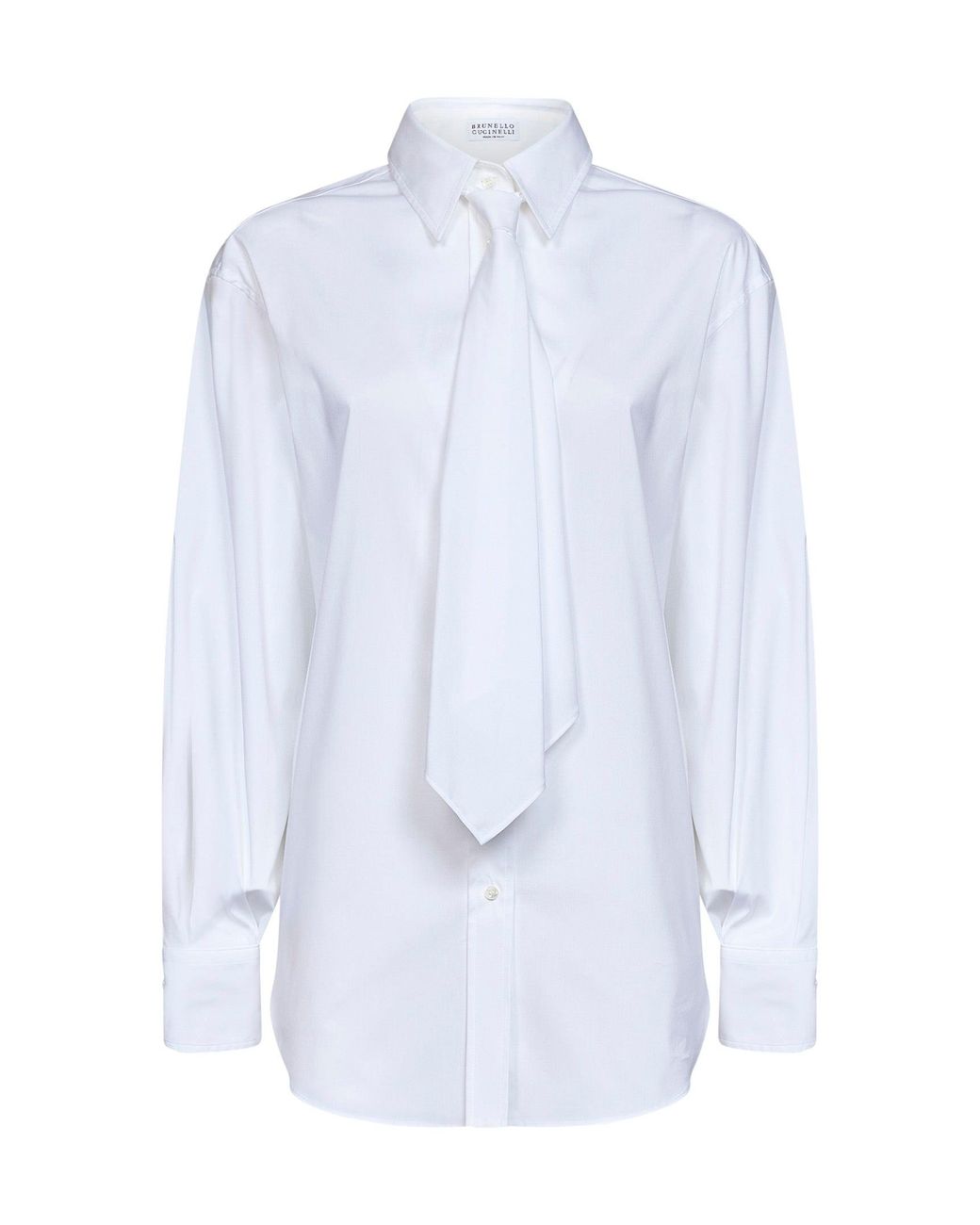 Brunello Cucinelli White Stretch Poplin Shirt With Tie And Monili