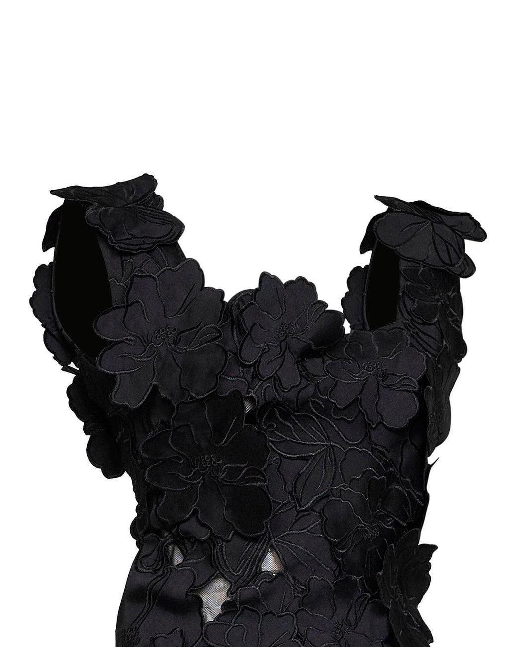 Costarellos Black Floral-Cut Embroidery Satin Liess Top