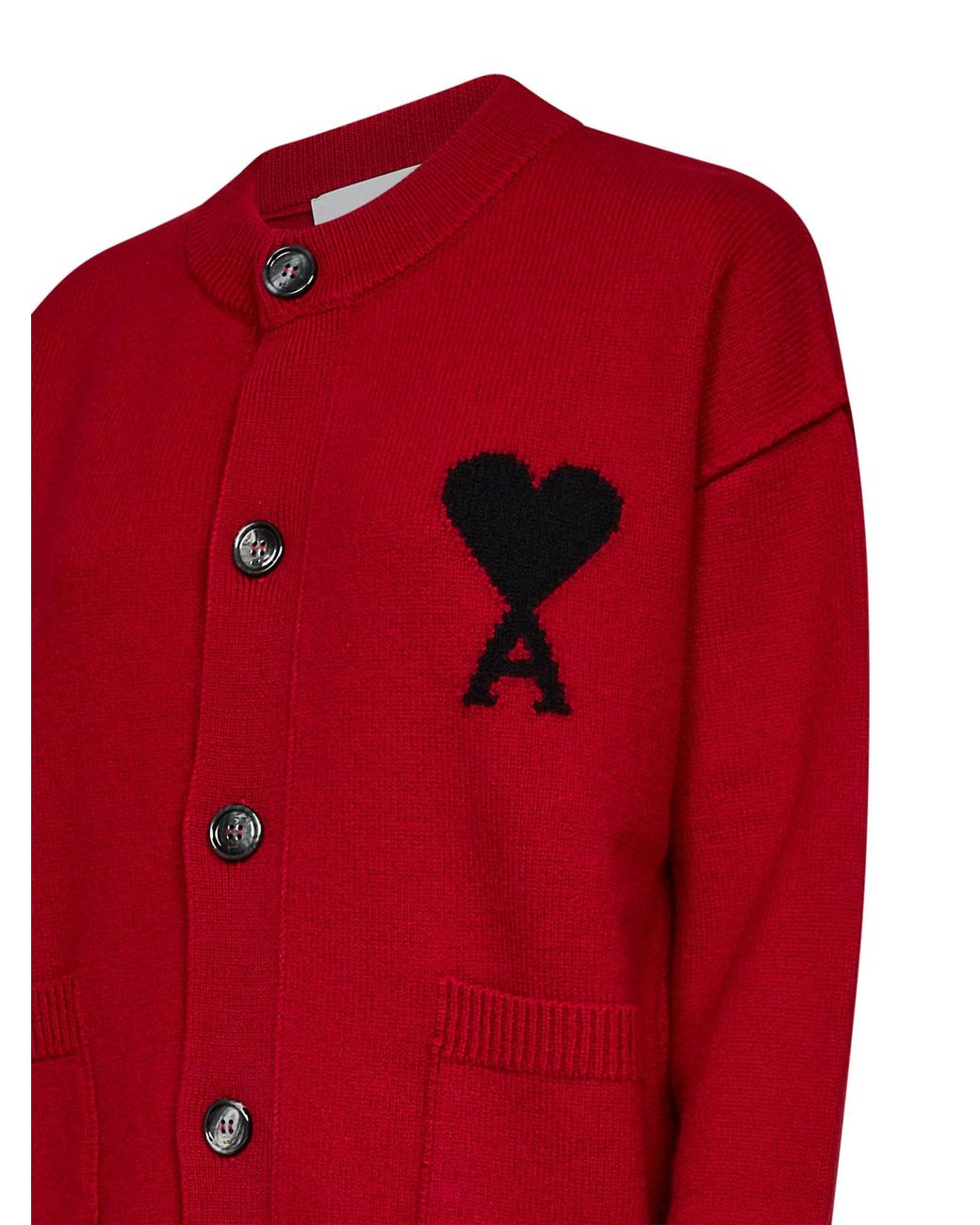 AMI Red Felted Merino Wool Ami De Cœur Cardigan