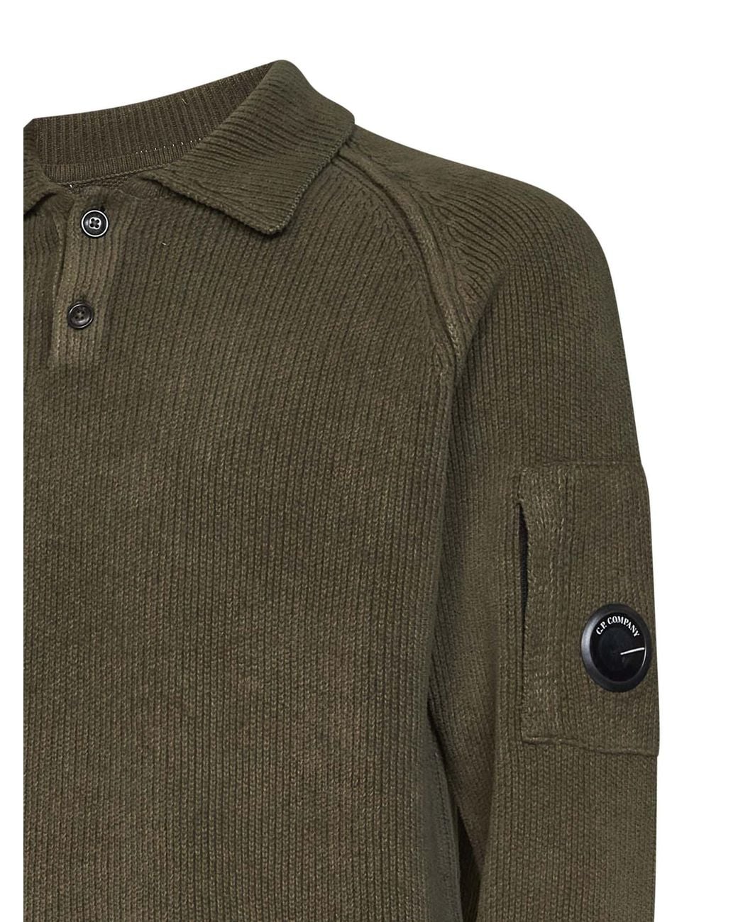 C P Company Green Ivy Cotton Chenille Lens Long-Sleeved Polo Shirt for men