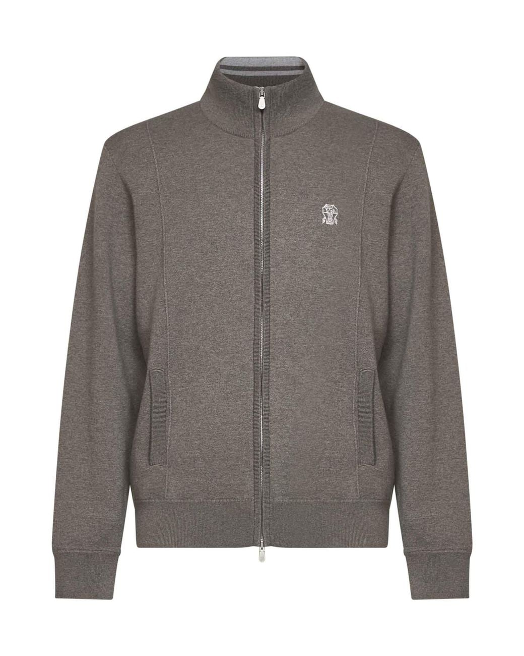 Brunello Cucinelli Gray Military Cashmere Knit Zip-Up Cardigan With Logo for men