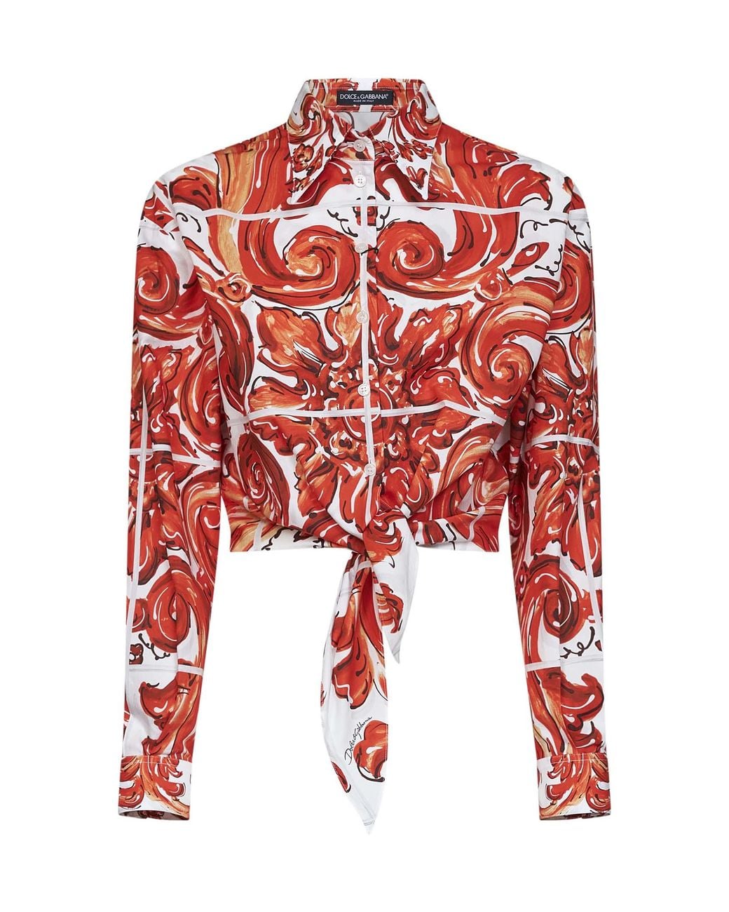 Dolce & Gabbana Red Cropped Maiolica-Print Shirt