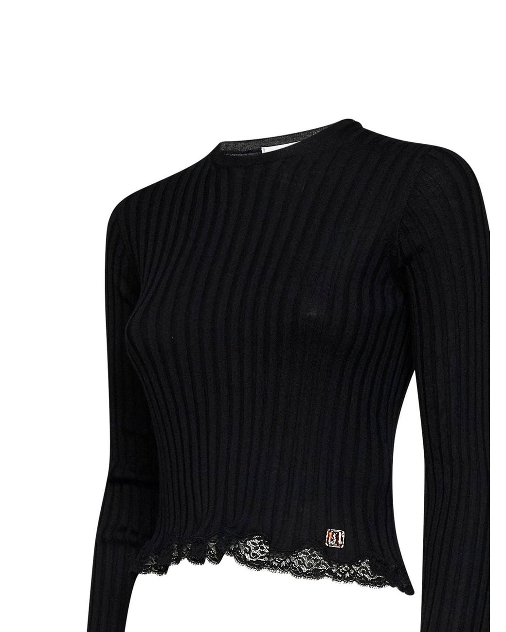 Saint Laurent Black Ribbed Knit Cassandre Top With Lace Trims