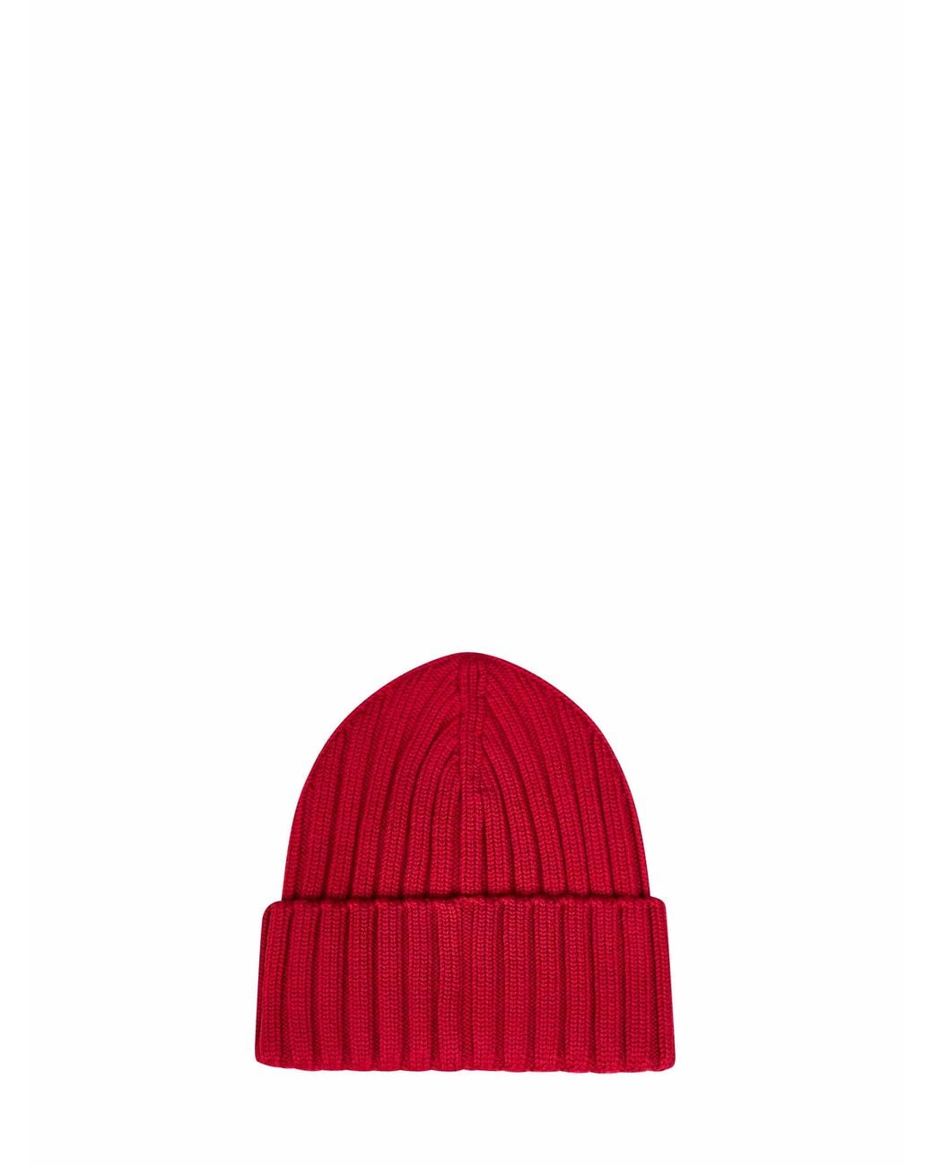 Moncler Red Ribbed Wool Knit Beanie With Logo Patch