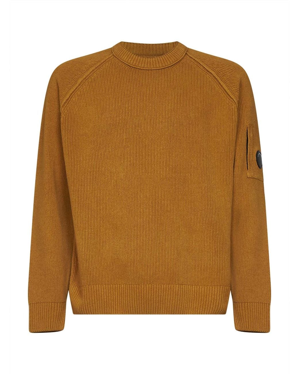 C P Company Brown Ochre Cotton Chenille Lens Crewneck Sweater for men