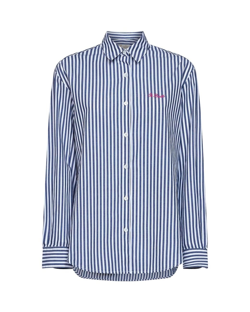 Mc2 Saint Barth Blue And Striped Cotton Brigitte Shirt With Print And Embroidery