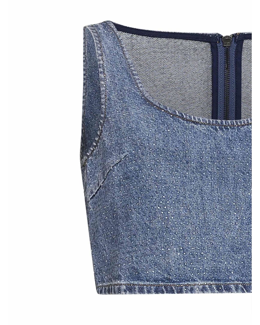 Self-Portrait Blue Self Portrait Rhinestone Denim Crop Top