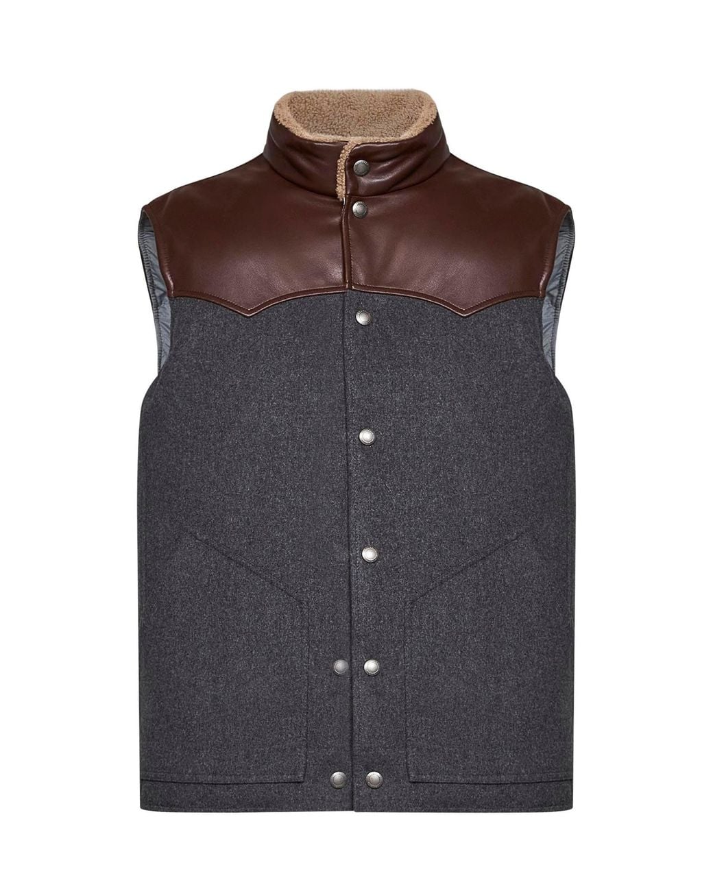 Brunello Cucinelli Brown Mid Wool Flannel Paneled Sleeveless Down Vest for men