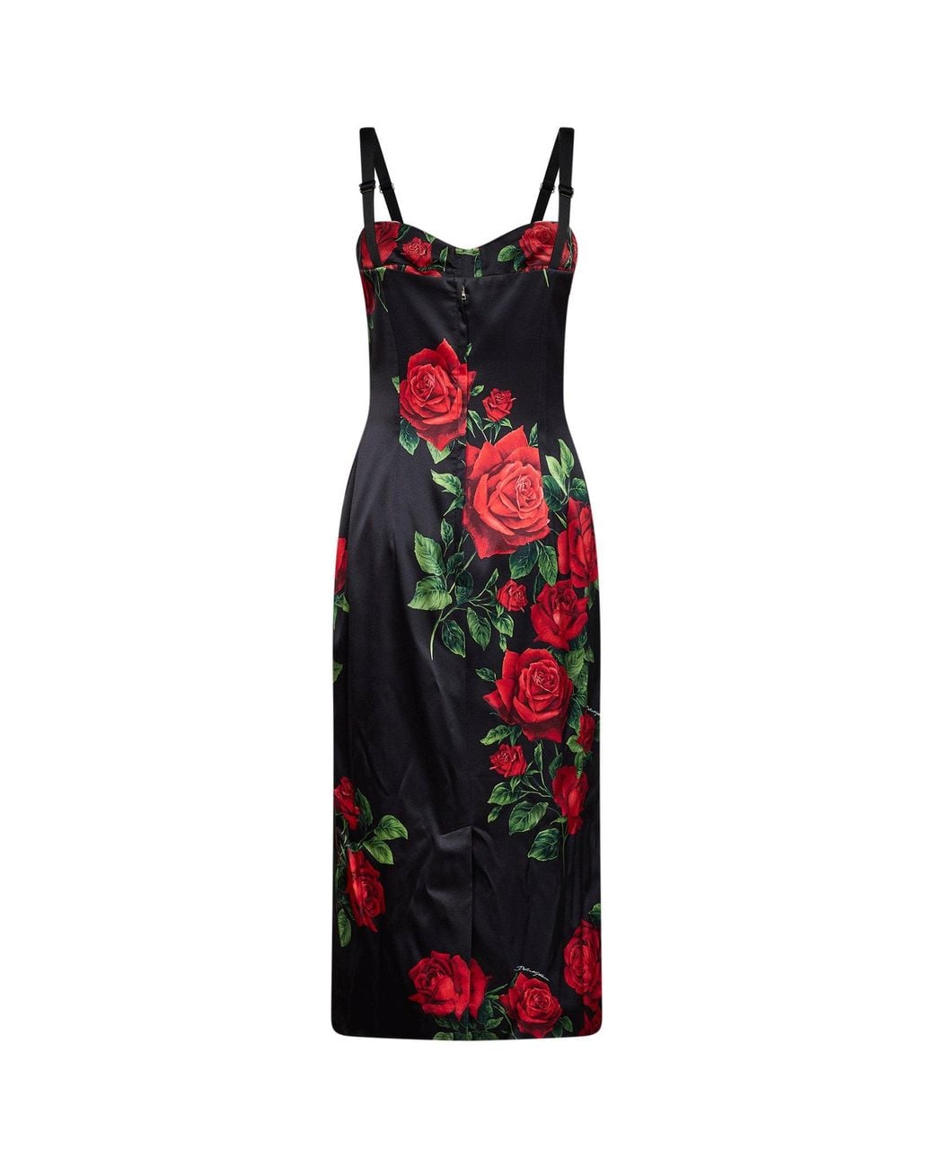 Dolce & Gabbana Red Rose-Print Stretch Satin Midi Bustier Dress