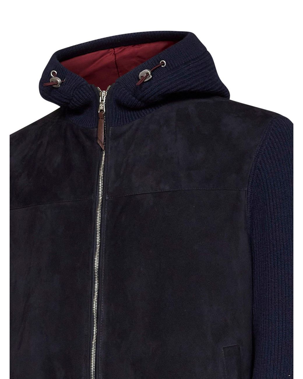 Brunello Cucinelli Blue Hooded Jacket Suede And Knit for men