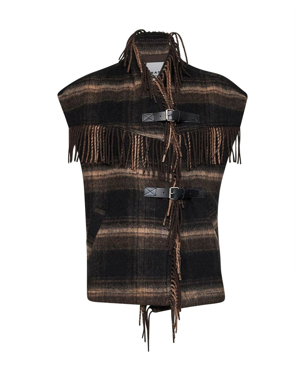 Isabel Marant Black And Khaki Plaid Wool Blend Ginesa Sleeveless Jacket