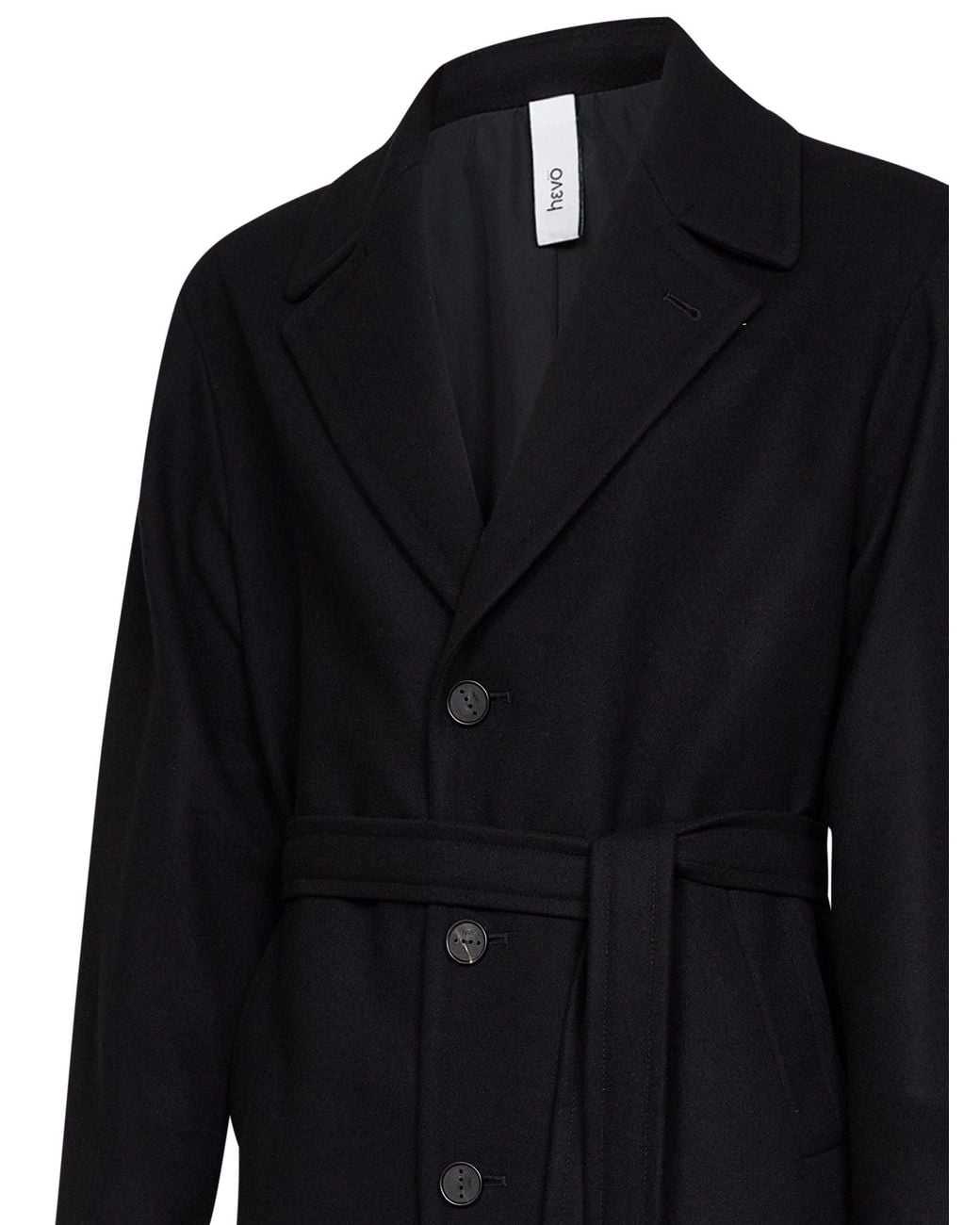 Hevò Black Wool-Blend Ostuni Single-Breasted Belted Coat for men