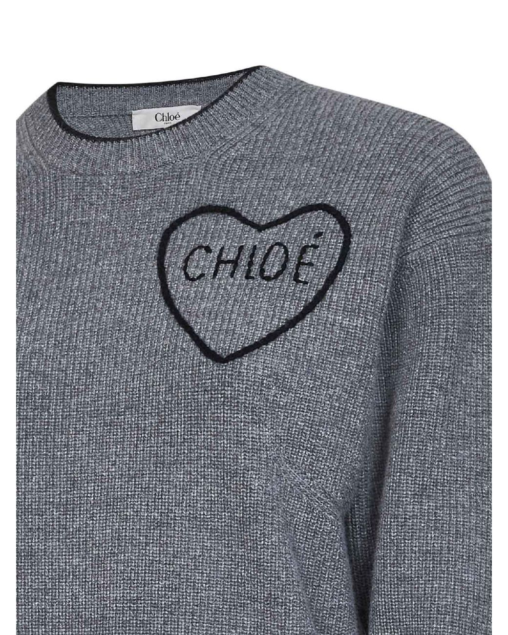 Chloé Gray Divine Wool And Cashmere Knit Embroidered Crewneck Sweater